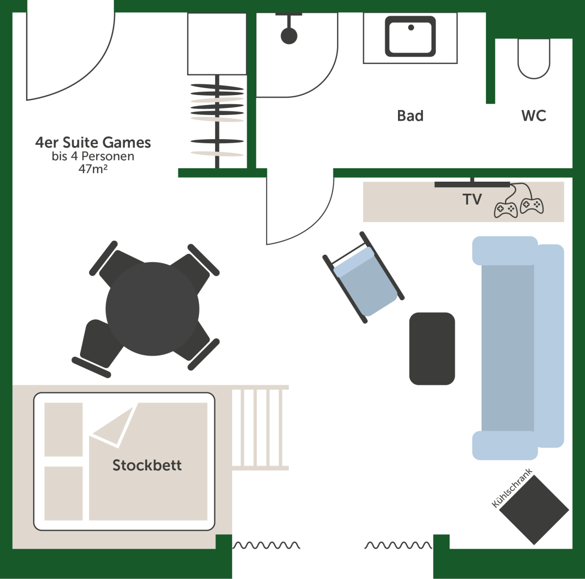 Superbude Hotel Hamburg Altona Interior Grundriss 4er Suite Games