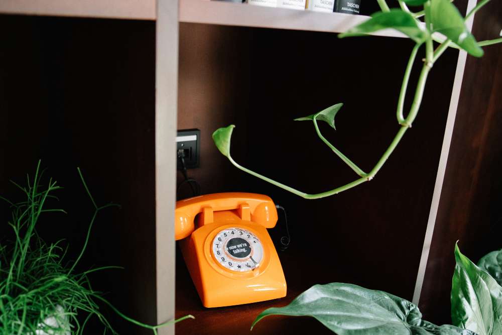 Superbude Hotel Hamburg Altona Interior Tagung Kokos Pokus Detail 8 Books and retro telephone on the shelf.